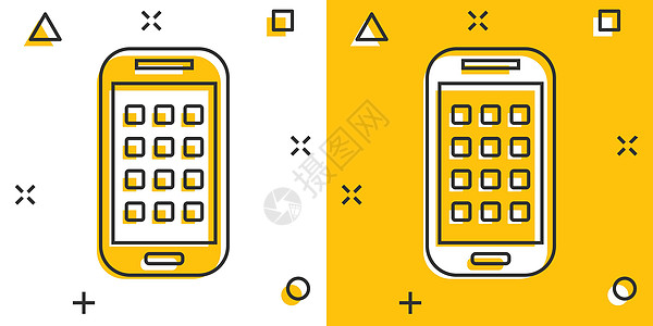 漫画风格的智能手机图标 电话听筒矢量卡通插图象形文字 智能手机业务概念飞溅效果机动性屏幕商业卡通片药片讲话数据服务按钮技术图片