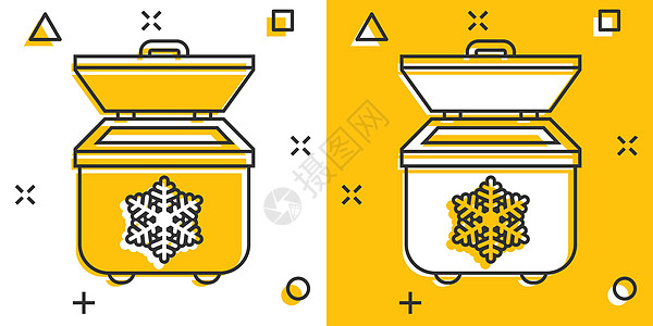 漫画风格的冰箱冰箱图标 冷冻容器矢量卡通插图象形文字 冰箱业务概念飞溅效果技术冷却器冷藏冻结黄色厨房家具器具美食贮存图片