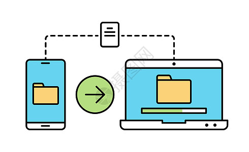 文件传输线性彩色插图在白色上隔离 智能手机到笔记本电脑无线文件传输图形设计 带有加载进度条图标的电话到计算机文件传输图片