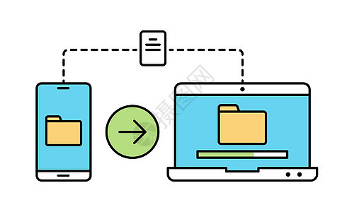 文件传输线性彩色插图在白色上隔离 智能手机到笔记本电脑无线文件传输图形设计 带有加载进度条图标的电话到计算机文件传输图片