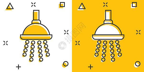 漫画风格的淋浴标志图标 白色孤立背景上的浴室水设备矢量卡通插图 清洗业务概念飞溅效果水滴卡通片盆地卫生卫生间洗手间浴缸流动横幅冲图片