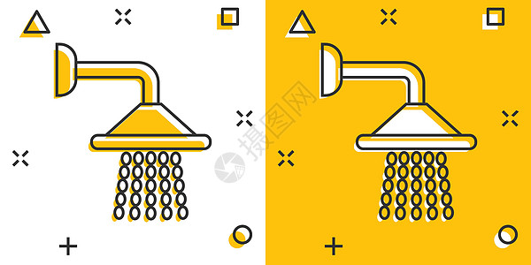 漫画风格的淋浴标志图标 白色孤立背景上的浴室水设备矢量卡通插图 清洗业务概念飞溅效果水池流动卫生间卫生横幅房间温泉龙头溪流冲洗图片