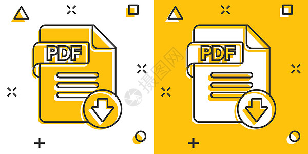 漫画风格的 Pdf 图标 白色孤立背景上的文档文本矢量卡通插图 存档飞溅效果的经营理念协议字母电脑网站黄色档案互联网记事本界面合图片