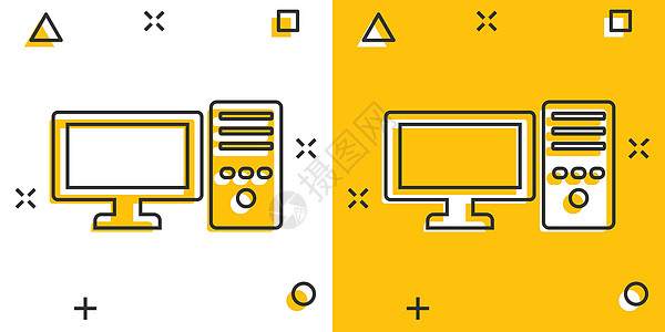 漫画风格中的 Pc 计算机图标 白色孤立背景上的桌面卡通矢量插图 设备监测飞溅效果商业概念空白黄色笔记本电脑卡通片按钮网络展示屏图片