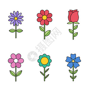花平面图标 带有黑色描边的彩色矢量插图 不同的花与绿叶矢量图 花卉经营理念图片