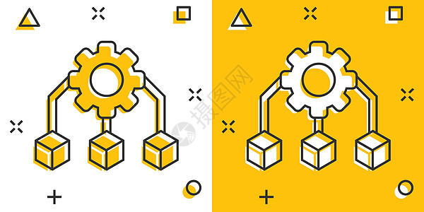 漫画风格的 Api 技术图标 白色孤立背景上的算法卡通矢量插图 齿轮与箭头飞溅效果的经营理念应用程序程序员监控界面工具安装编码一图片