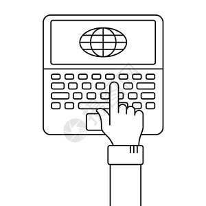 在笔记本电脑上用人类手按按钮 在白色背景上隔离了全球插图 网络和ui业务设计用黑中线显示线形矢量图片