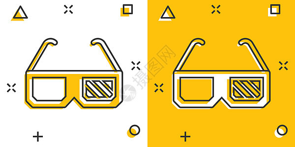 漫画风格的电影图标 电影卡通矢量插图在白色孤立背景上 3D玻璃杯飞溅效果商业概念镜片娱乐乐趣立体声技术转换眼睛光学塑料闲暇图片