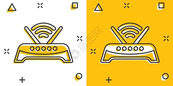 漫画风格的 Wifi 路由器图标 白色孤立背景上的宽带卡通矢量插图 互联网连接飞溅效应商业概念电脑天线技术网络卡通片黄色办公室电图片