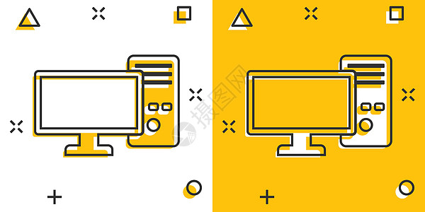 漫画风格中的 Pc 计算机图标 白色孤立背景上的桌面卡通矢量插图 设备监测飞溅效果商业概念互联网电脑软件屏幕空白按钮药片笔记本卡图片