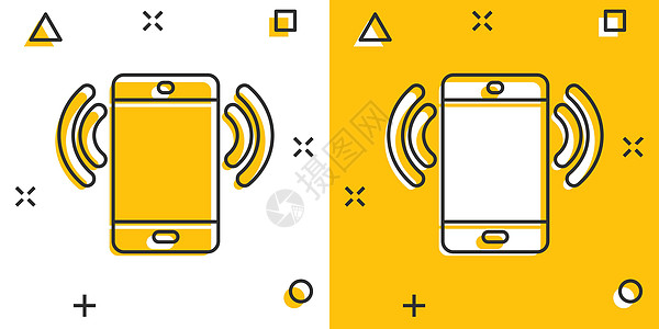 漫画风格的智能手机空白屏幕图标 白色孤立背景上的手机卡通矢量插图 电话飞溅效果的经营理念工具技术小样按钮展示相机界面细胞黄色卡通图片