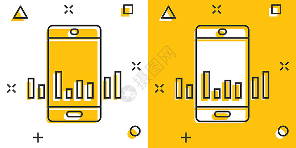 漫画风格的电话图图标 智能手机增长统计 白色孤立背景上的卡通矢量插图 Gadget 分析飞溅效果商业概念卡通片生长网络金融数据互图片
