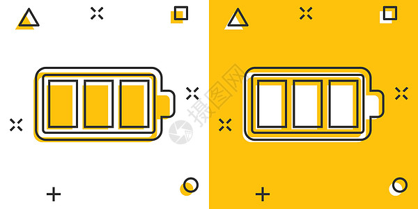 漫画风格的电池充电图标 白色孤立背景上的功率级卡通矢量插图 锂蓄电池飞溅效应的经营理念充电器金属活力电压黄色电气细胞玻璃充值燃料图片