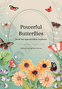 带有红和橙蝴蝶概念的海报模板 水彩色风格树叶植物动物水彩翅膀绘画橙子装饰品昆虫花园图片