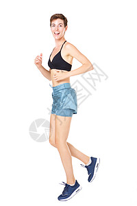 完全健康的年轻健康女子在孤立的白种背景下奔跑跑步享受幸福白色头发女性女孩运动赛跑者慢跑图片