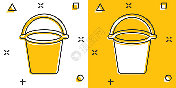 漫画风格中的巴克特图标 白色孤立背景上的垃圾锅卡通矢量插图 泥桶喷洒效应商业概念工作黄色看门人房子卡通片垃圾桶按钮器具图片
