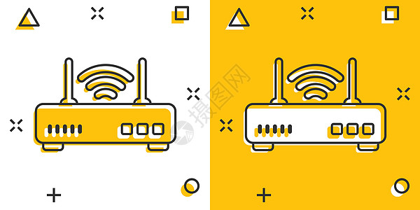 漫画风格的 Wifi 路由器图标 白色孤立背景上的宽带卡通矢量插图 互联网连接飞溅效应商业概念电脑数据办公室信号技术天线卡通片网图片