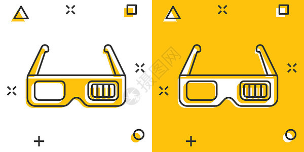 漫画风格的电影图标 电影卡通矢量插图在白色孤立背景上 3D玻璃杯飞溅效果商业概念转换塑料光学卡通片黄色眼镜眼睛立体声艺术乐趣图片
