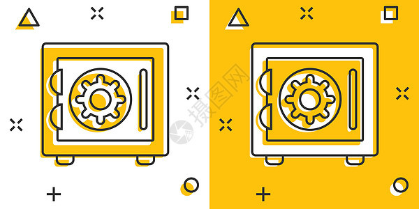 漫画风格中的安全货币图标 白色孤立背景上的强框卡通矢量插图 金融安全飞溅效应商业概念 笑声卡通片宝藏盒子黄色金库保险柜现金财富贮背景图片