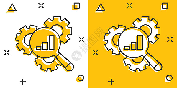 带齿轮图示的罗普以漫画风格 在白色孤立背景上放大玻璃卡通矢量插图 Seo 勘探飞溅效果商业概念进步放大镜配置机器卡通片全球工程引图片
