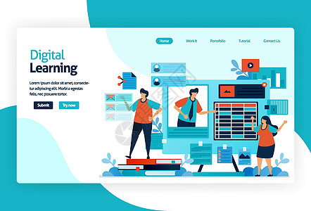 数字学习登陆页面的插图 通过有效转移知识 技能 价值观 信念和习惯的技术或教学实践进行学习 自适应和分析图片