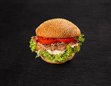 拉猪肉汉堡黑色食物烧烤沙拉色拉包子午餐石板图片