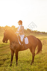 马术运动 年轻女子骑马参加着装高级测试 太阳耀斑行动马背运动场地女性比赛晴天专注时尚成人图片