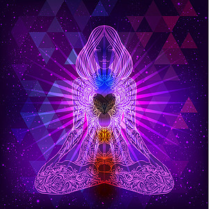 脉轮概念 内心的爱与和平 在莲花位置的佛剪影在五颜六色的华丽坛场 孤立的矢量图解 佛教深奥的图案彩虹平衡男人愈合女孩药品咒语瑜伽图片
