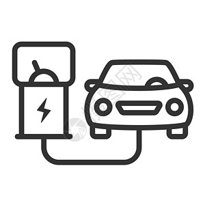 电动生态汽车与电插头充电在充电站轮廓矢量图标隔离在白色背景 用于 web 移动和 ui 设计的电动汽车平面图标 电动生态运输图片