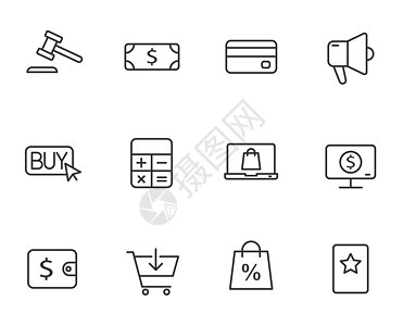 电子商务轮廓矢量图标集隔离在白色背景上 商业商务概念 用于 web 移动和 ui 设计的电子商务平面图标卡片大车插图店铺服务折扣图片