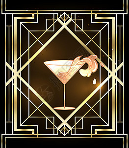 女性手拿着鸡尾酒杯和喷水 Art deco 1920s风格的老式请柬模板设计用于饮料清单 酒吧菜单 魅力活动 笑声女孩餐厅俱乐部图片