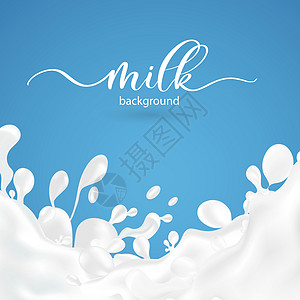 牛奶飞溅背景 逼真的乳白色飞溅并在蓝色背景上滴下乳制品饮料或酸奶的背景产品奶制品店铺市场品牌营养国家食物生态插图背景图片