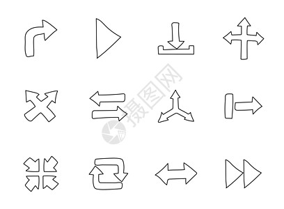 箭头手绘线性矢量图标隔离在白色背景上 用于 web 和 ui 设计 移动应用程序和印刷产品的箭头涂鸦图标集黑色按钮环形插图卡通片图片