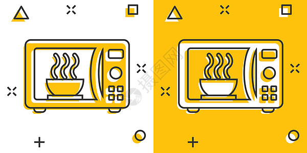 漫画风格的矢量卡通微波图标 微波炉标志插图象形文字 炉子业务飞溅效果概念家庭厨房电子产品卡通片白色水平黄色器具烤箱技术图片