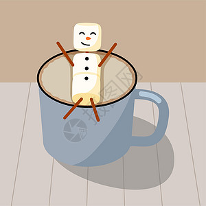 杯中雪人的棉花糖可爱角色 贺卡 横幅 海报的设计 矢量色彩丰富的插画图片