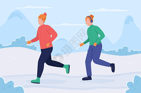 冬天跑步的人冬季平板彩色矢量插图期间的培训设计图片