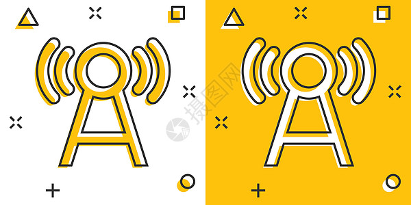 漫画风格的天线塔图标 在白色孤立背景上播放卡通矢量插图 Wifi 喷洒效应商业概念电讯卫星电脑互联网收音机广播电视桅杆车站卡通片图片