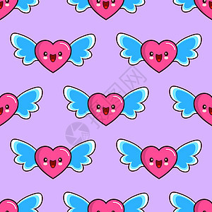 无缝无缝的微笑红心模式 紫色背景矢量上的翅膀 壁纸织物 说明情人节之爱图片
