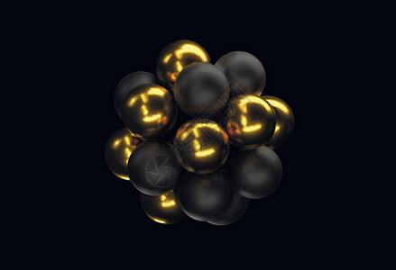 分子 3D 概念图 抽象领域 金色和黑色的气泡 带有闪闪发光亮片纹理的球 珠宝黄金封面概念 黑色横幅 设计的装饰元素图片