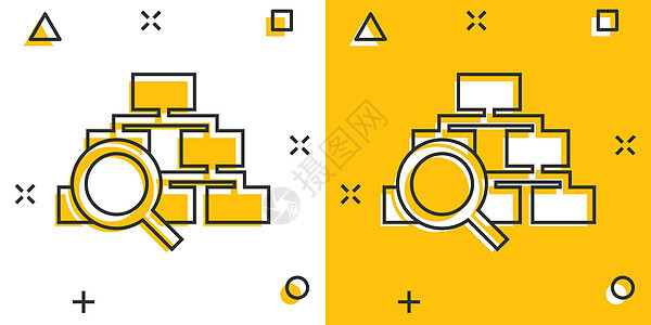 漫画风格的等级图图标 结构搜索卡通矢量插图 以白色孤立背景为单位 组织工作流程飞溅效果商业概念 掌声团队领导卡通片金字塔放大镜图背景图片