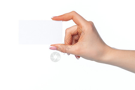 带着白底白底白名片的美丽女性手掌营销手臂拇指白色卡片广告成功空白角落礼物图片