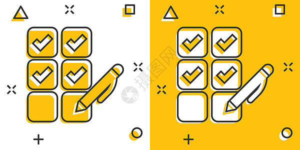 漫画风格的清单文档图标 在白色孤立背景上调查卡通矢量插图 复选标记选择飞溅效果的商业理念评价认证协议记事本面试议程测试检查测验调图片