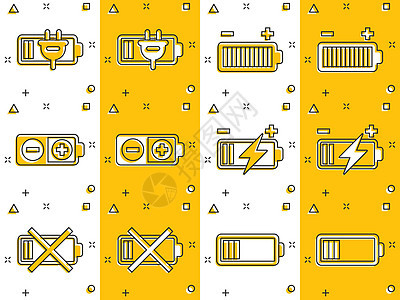 漫画风格的电池充电图标 白色孤立背景上的功率级卡通矢量插图 锂蓄电池飞溅效应的经营理念细胞卡通片工具金属指标充电器插头容量充值玻背景图片