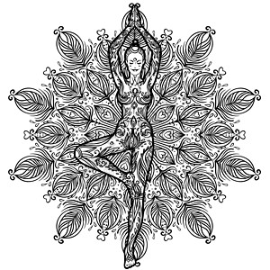 vrikshasana 树 瑜伽中的漂亮女孩在华丽的圆形曼陀罗图案上摆姿势 音乐封面 T 恤 瑜伽海报 传单的设计 占星术 神圣图片