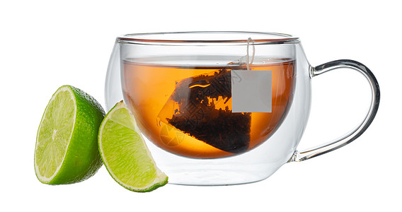玻璃杯黑茶 白上孤立的贝加莫特玻璃佛手柑黑色橙子柠檬香味饮料杯子味道背景图片