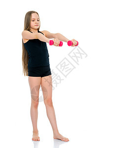带着哑铃的青少年女孩手握着哑铃肌肉活动健身房重量身体白色微笑女士力量快乐图片
