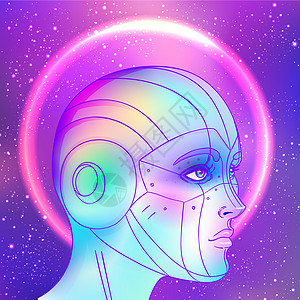 复古未来主义风格的机器人机器人女人的画像 矢量图 在发光的霓虹灯明亮的颜色的机器人的画像宇航员海报派对狂欢智力逆波海浪合成器科幻图片