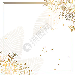 一个方形的金色框架 由小花和白色背景上的金色银杏树枝制成 方形框架和抽象中的形式极简主义 叶子与植物花 矢量图花朵绘画墙纸金子横图片