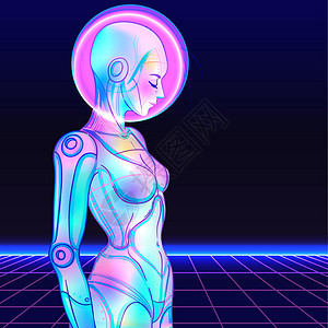 复古未来主义风格的机器人机器人女人的画像 矢量图 在发光的霓虹灯明亮的颜色的机器人的画像 未来派合成波传单模板狂欢逆波机器女孩插图片