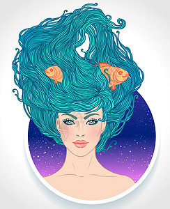 将Pisces占星标志作为美丽的女孩 Zodiac矢量插图孤立在白色上 未来教学 星表 炼金 精神 神秘学八字头发十二生肖女性女图片